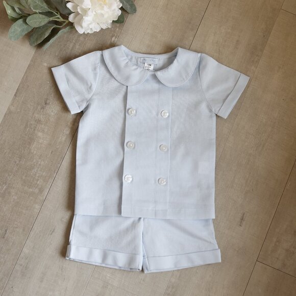 Blue Linen Cotton Sundress 6X Flared With Pockets Peter Pan Collar Portrait NWT - Picture 9 of 9